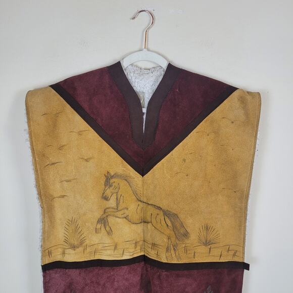 Horse Suede Leather Poncho Gaban Fringe Fur Shearling Western Unisex One Size - Picture 2 of 8